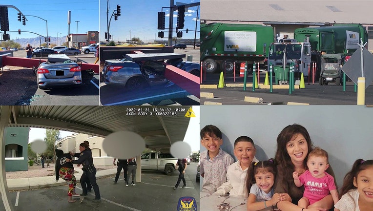 Photo collage: (Top left) A Fort Mohave McDonald's sign toppled over onto someone's car because of high winds. (Top right) Waste Management is looking to hire truck drivers in Arizona. (Bottom left) A teen girl is seen on video captured by her aunt being struck by a Phoenix Police officer. The department says the teen hit the officer first. (Bottom right) A mother died after falling out of her party bus in Los Angeles while celebrating her birthday.