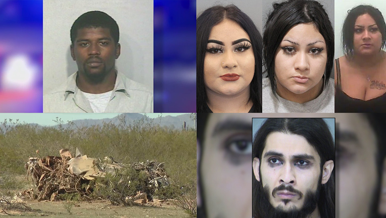 Photo collage: (Top left) An hours-long barricade situation and shooting left nine police officers hurt, and two people, including the suspected gunman, dead. (Top right) Karla Jackelin Morales is on the run after being charged with murder for allegedly luring a man to his ambush death at the hands of machete-wielding MS-13 gang members. (Bottom left) Officials with Luke Air Force Base say a military fight aircraft crashed about 15 miles northwest of the base on Feb. 10. (Bottom right) Raymond Maltos was arrested on Feb. 6 after he called police saying that his girlfriend was bleeding and "had sustained approximately thirty stab wounds."