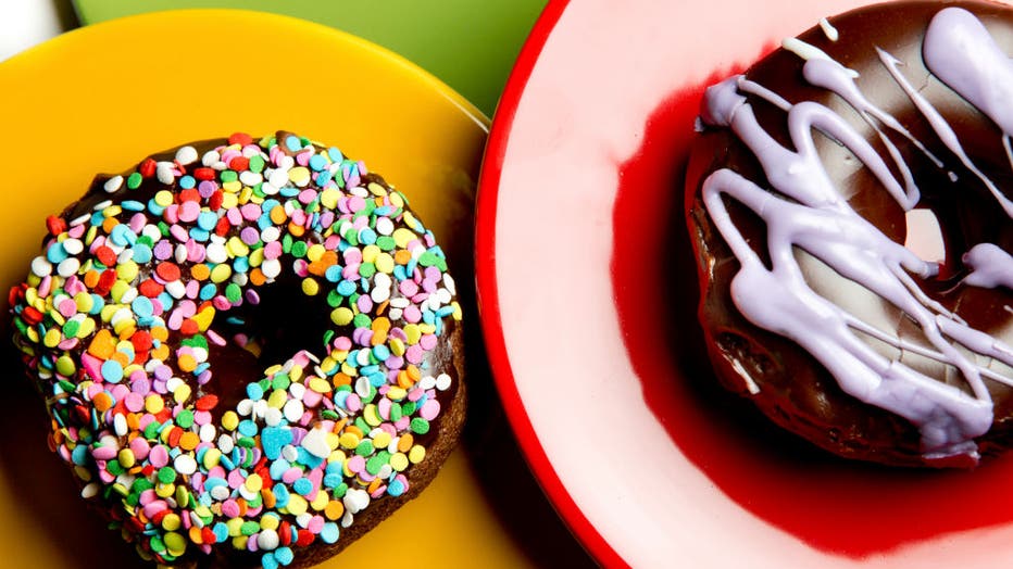 Doughnuts on colorful plates