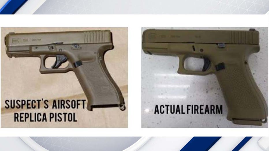 A side-by-side comparison of the suspect's airsoft gun and an actual gun. 