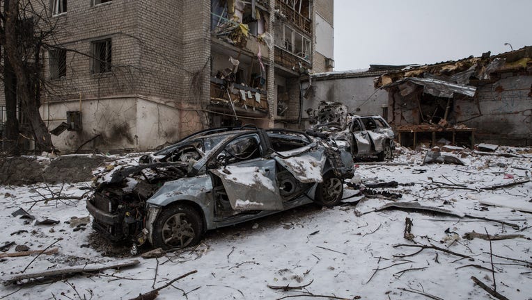 Bombed buildings in a residential neighborhood in Kharkiv, Ukraine on March 10, 2022 as Russian attacks continue. (Photo by Andrea Carrubba/Anadolu Agency via Getty Images)