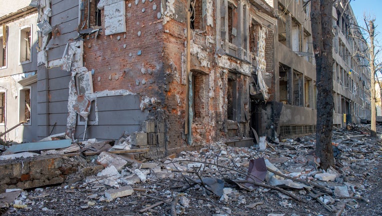 A view of a building damaged as a result of shelling of the city by Russian missiles in the center of Kharkiv, Ukraine. (Photo by Stringer/Anadolu Agency via Getty Images)