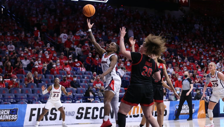 Shaina Pellington (#1) drives to the basket during the first round of the 2022 NCAA Women's Basketball Tournament held at the McKale Center on March 19, 2022 in Tucson, Arizona. (Photo by Simon Asher/NCAA Photos via Getty Images)