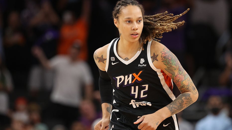  Brittney Griner #42 of the Phoenix Mercury during the first half in Game Four of the 2021 WNBA semifinals at Footprint Center on October 06, 2021 in Phoenix, Arizona. 
