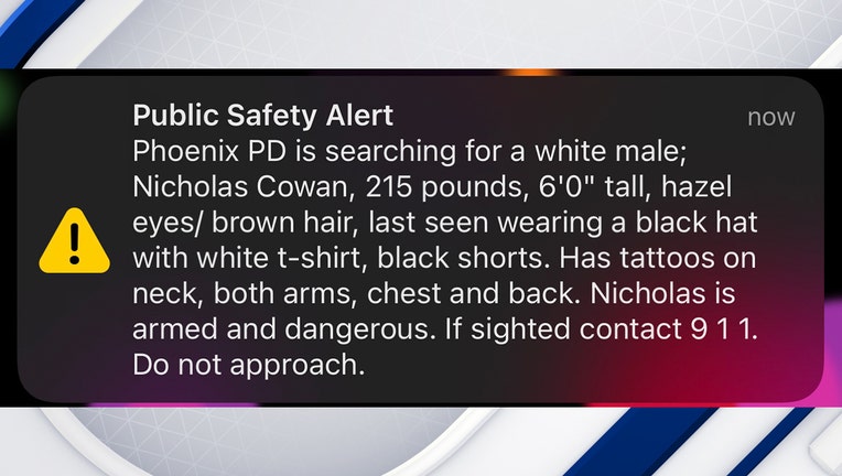 A Public Safety Alert that was sent to smartphones, with descriptions of a suspect involved in a shooting that left a police officer badly injured.