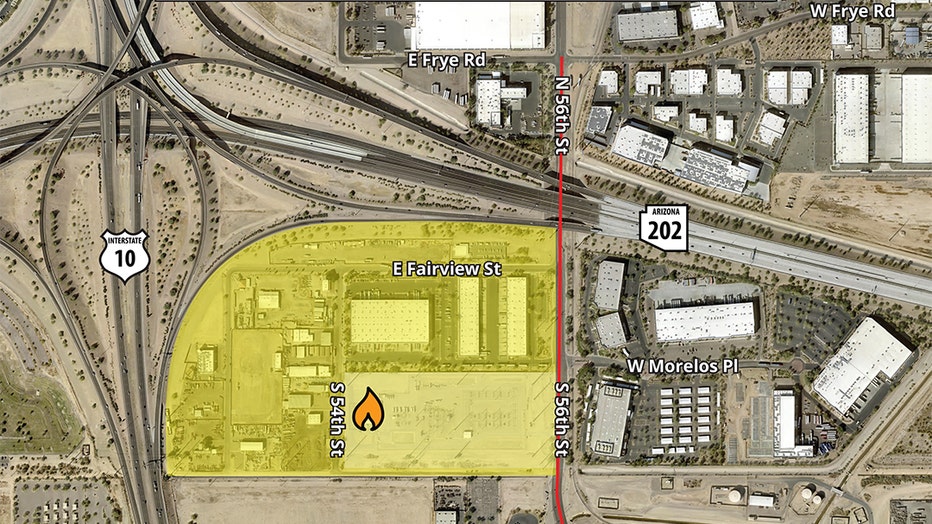 Map showing the area where people are being recommended to evacuate by 12:30 p.m. on April 29, 2022, due to a venting of a building where a battery storage facility fire happened.