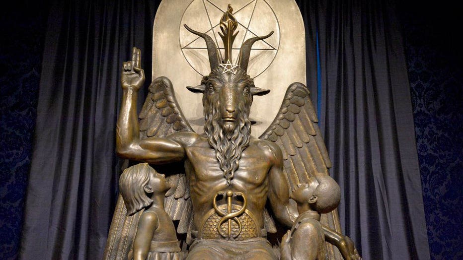 The Baphomet statue is seen in the conversion room at the Satanic Temple in Salem, Massachusett on Oct. 8, 2019. (Photo by JOSEPH PREZIOSO/AFP via Getty Images)