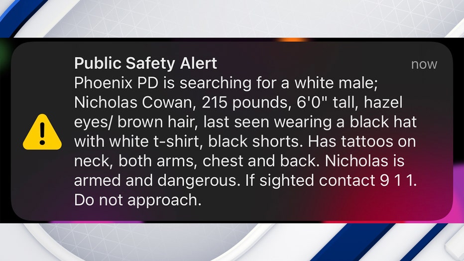 A Public Safety Alert that was sent to smartphones, with descriptions of a suspect involved in a shooting that left a police officer badly injured.