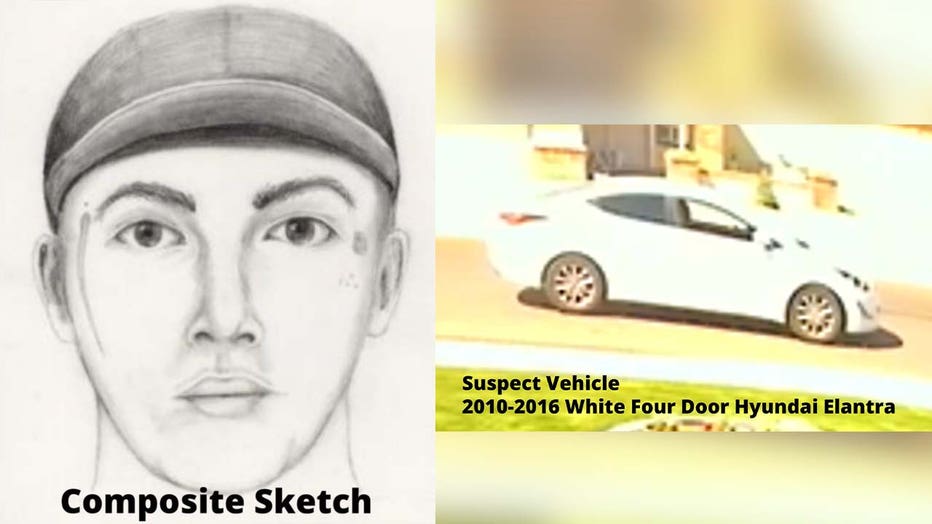 A composite sketch of the suspect and the suspect's car.