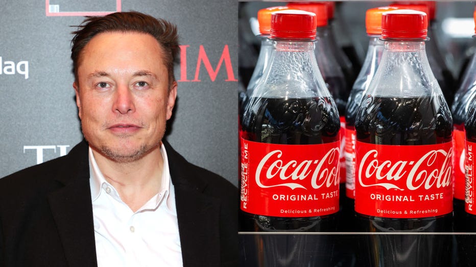 Elon Musk is pictured in a file image attending TIME Person of the Year on Dec. 13, 2021, in New York City, alongside bottles of Coca-Cola on sale at a supermarket in an image dated Jan. 10, 2022, in Cardiff, Wales. (Photo by Theo Wargo/Getty Images for TIME & Matthew Horwood/Getty Images)