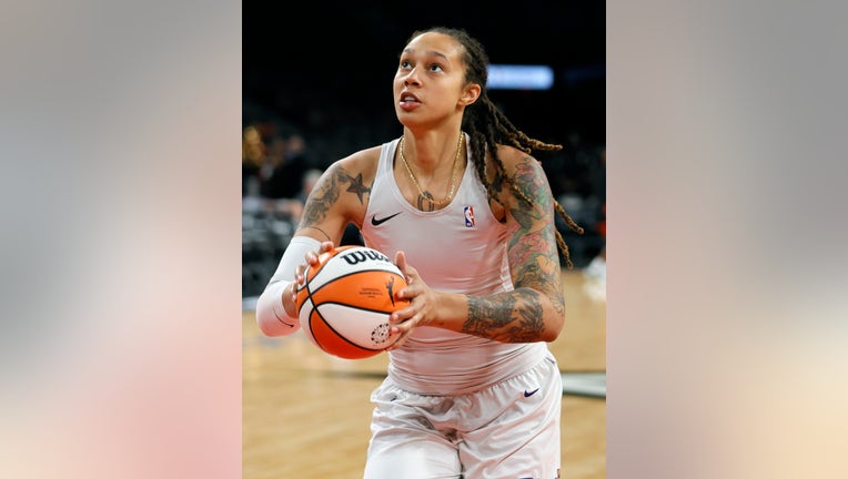 Brittney Griner of the Phoenix Mercury warms up before Game Five of the 2021 WNBA Playoffs semifinals against the Las Vegas Aces at Michelob ULTRA Arena on October 8, 2021 in Las Vegas, Nevada. (Photo by Ethan Miller/Getty Images)