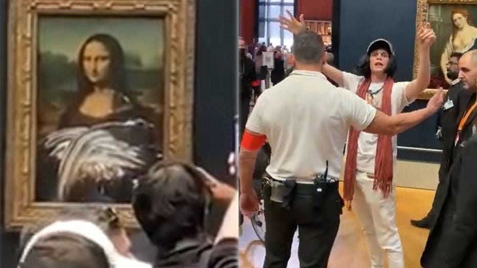 Cake was smeared over the protective glass covering the Mona Lisa at the Louvre in Paris on May 29, 2022. The man suspected of being responsible was seen in a separate video (https://twitter.com/lukeXC2002/status/1530940469492035584) (R) telling bystanders, in French, 