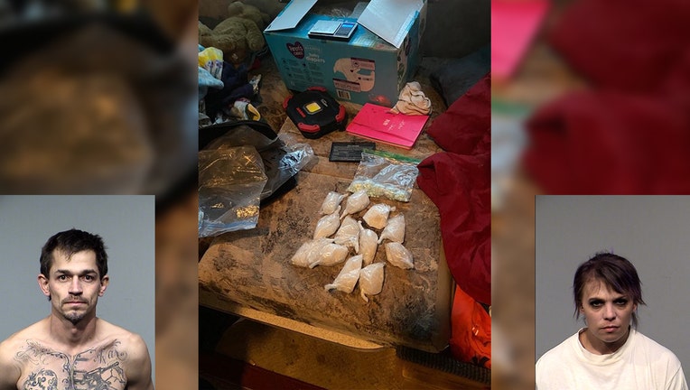 Robert Dunmire (left), drug found inside home (center), Amber Lee (right)