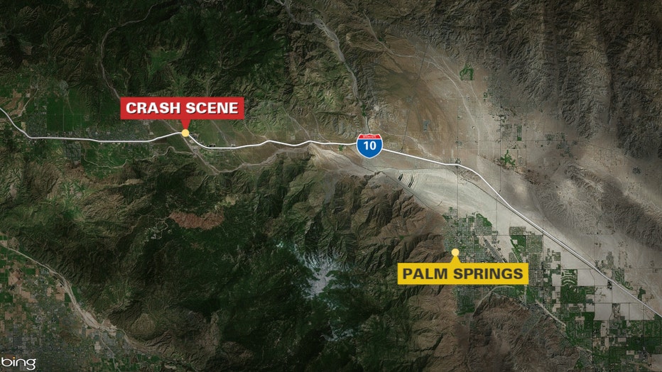 A map showing the scene of a crash involving a Phoenix-bound Greyhound bus in Cabazon, which is located to the west of Palm Springs.