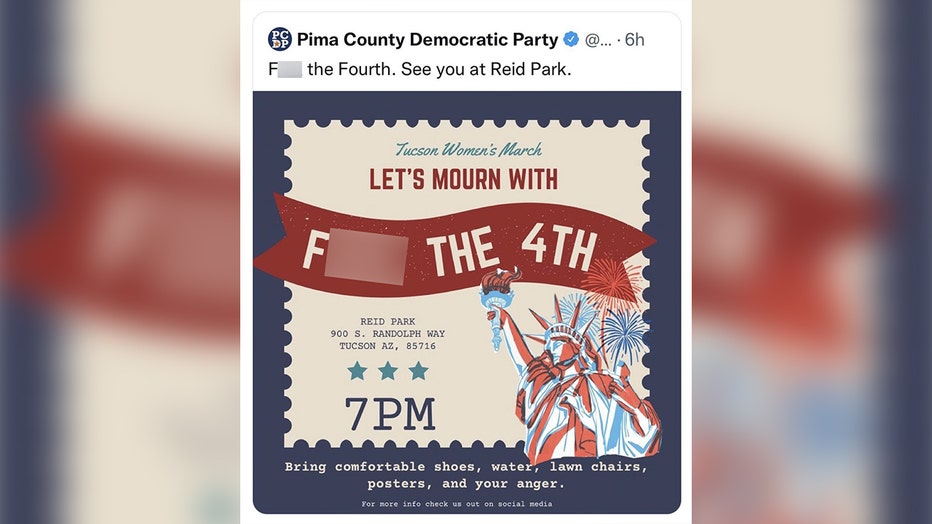 Screenshot of a since-deleted Twitter post advertising a 4th of July protest in Tucson. The post features a foul language.