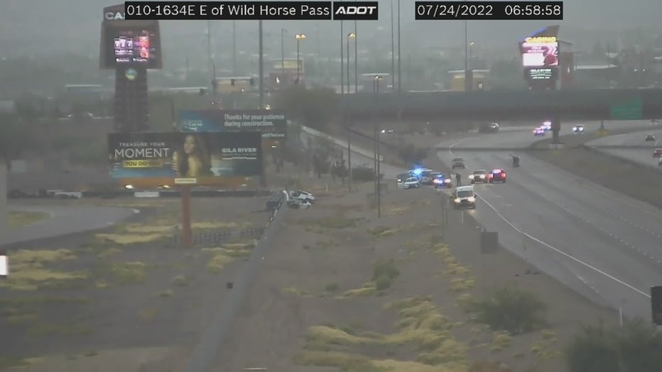 The scene of a crash investigation at I-10 near Wild Horse Pass.