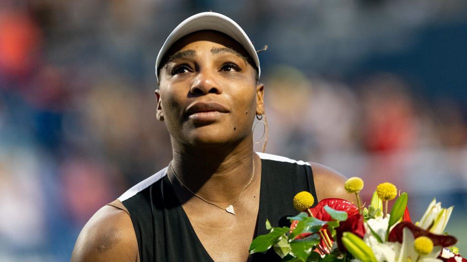 Serena Williams reacts after her National Bank Open tennis tournament second-round match on Aug. 10, 2022, at Sobeys Stadium in Toronto, ON, Canada. (Photo by Julian Avram/Icon Sportswire via Getty Images)