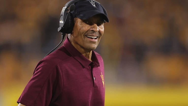 Head coach Herm Edwards of the Arizona State Sun Devils reacts during the first half of the NCAAF game against the Northern Arizona Lumberjacks at Sun Devil Stadium on September 01, 2022 in Tempe, Arizona