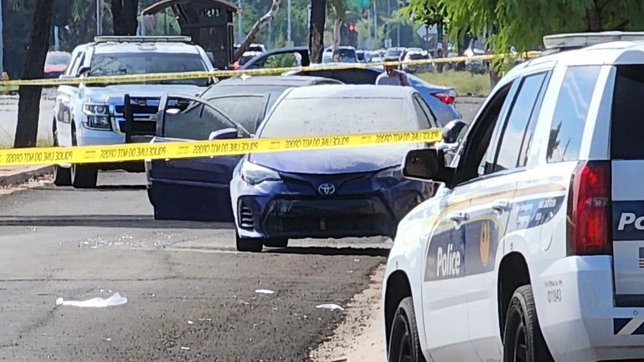 The scene of a car fire that left a man severely burned near 35th Avenue and Ocotillo. Police say a group of men had been carrying plastic bags filled with gasoline.