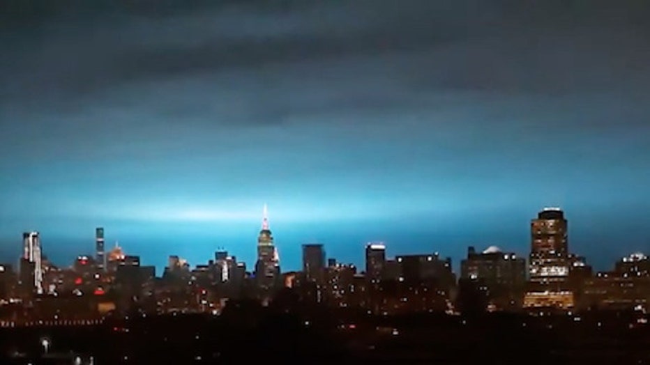 Skies over New York turn blue when a transformer station exploded in Queens, NY.