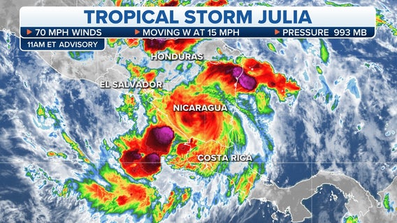 Julia downgraded to tropical storm after making landfall in Nicaragua as Category 1 hurricane