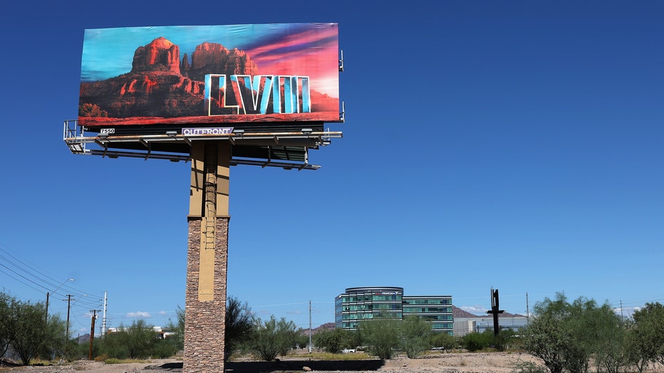 A freeway billboard advertising Super Bowl LXII in Phoenix. (Photo by Christian Petersen/Getty Images)