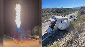 Watch: Arizona crews empty propane from rolled-over tanker on SR 77 using 'gas flaring'