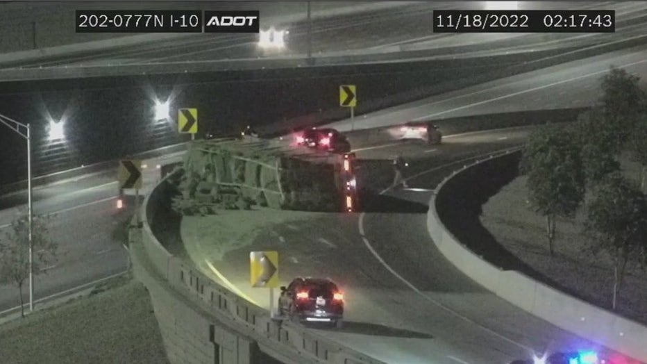 Hay spilled all over the roadway after a semi rollover on the Loop 202/I-10 ramp in west Phoenix.