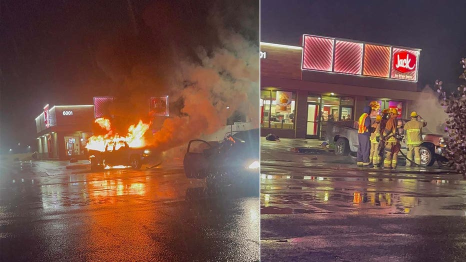 Photos shared by a FOX 10 viewer showed the truck engulfed in flames Saturday night.