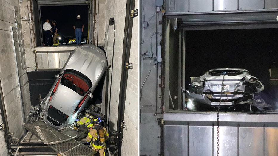 Fire rescue and towing crews work to remove a Ferrari from a dealership's car elevator shaft after it malfunctioned. 