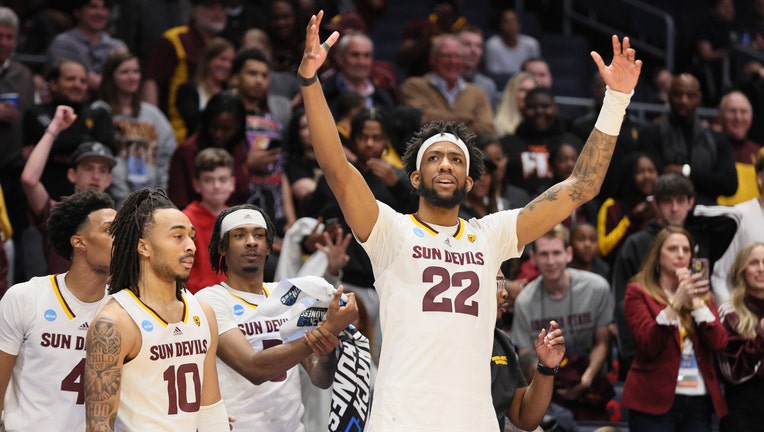 Warren Washington #22 of the Arizona State Sun Devils reacts from the bench late in the second half against the Nevada Wolf Pack in the First Four game of the NCAA Mens Basketball Tournament at University of Dayton Arena on March 15, 2023. (Photo by Andy Lyons/Getty Images)