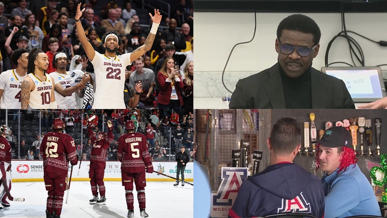 (From top left) ASU celebrating its win in March Madness, Michael Irvin, Arizona Coyotes celebrating a win, and UArizona fans during March Madness