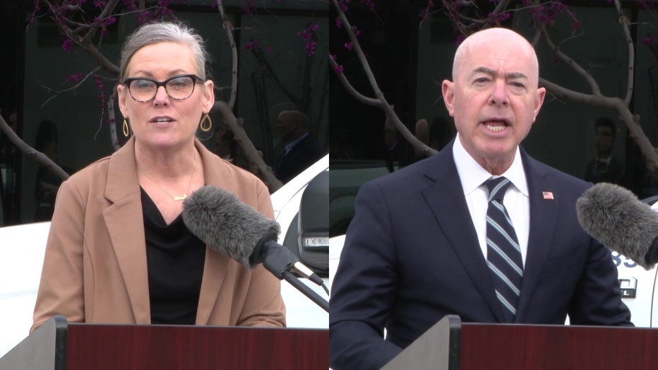 Arizona Governor Katie Hobbs (left) and Homeland Secretary Secretary Alejandro Mayorkas (right)