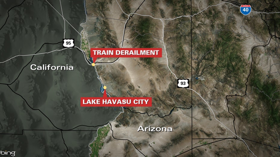 A map showing the trail derailment that happened in Mohave County on Mar. 15, 2023.
