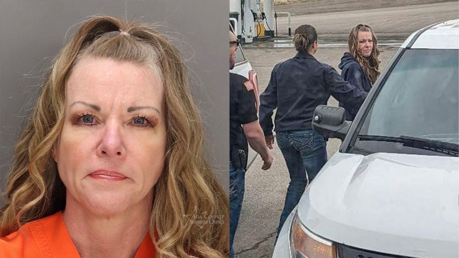 A mugshot of Lori Vallow (Left. Courtesy: Ada County Sheriff's Office) and Lori Vallow, as she was being taken to Ada County Jail (right)