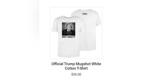 Trump mugshot: Shirts for sale with fake mugshot of Trump on his online store
