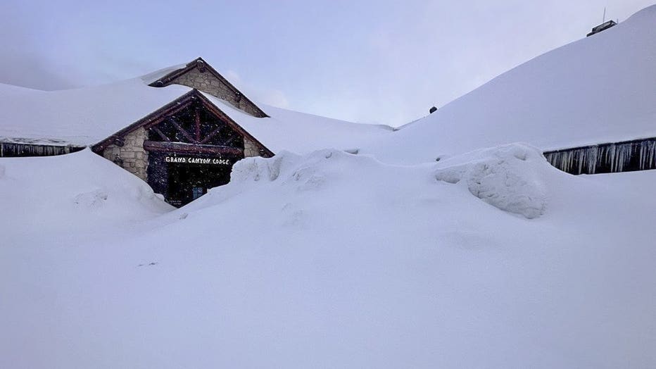 The Grand Canyon Lodge as seen on April 4, 2023. The North Rim of Grand Canyon National Park has received more than 250 inches of accumulated snowfall this winter season.