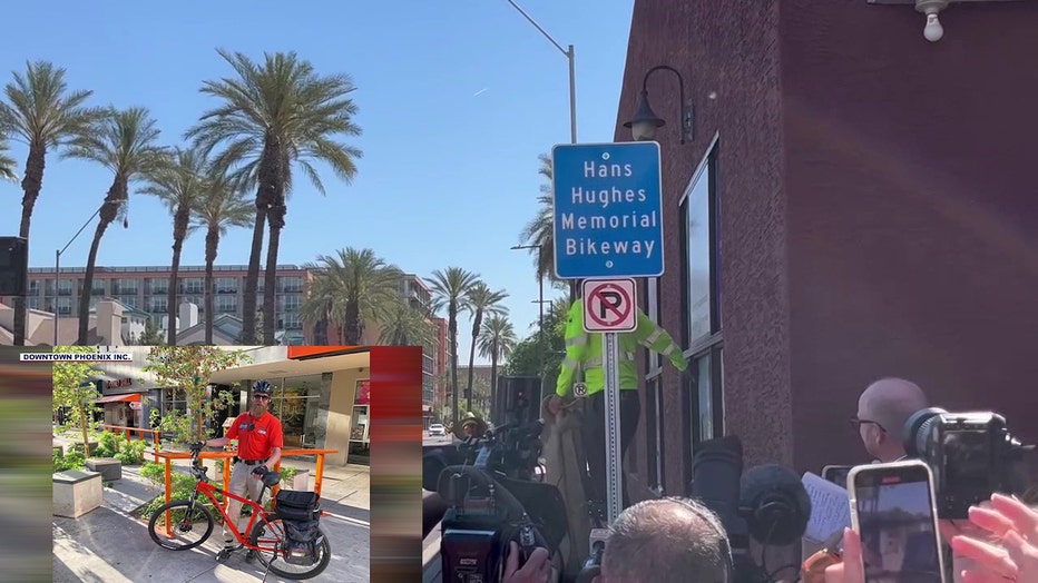 The Hans Hughes Memorial Bikeway sign, and on the lower left, a photo of Hughes.