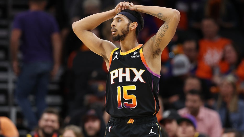 Cameron Payne #15 of the Phoenix Suns reacts during the fourth quarter against the Denver Nuggets in game six of the Western Conference Semifinal Playoffs at Footprint Center on May 11, 2023 in Phoenix, Arizona. (Photo by Christian Petersen/Getty Images)