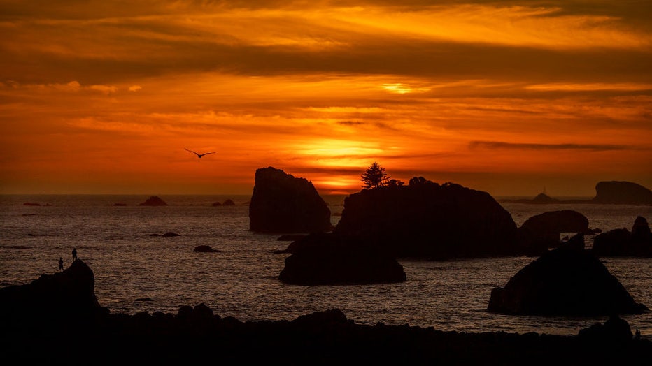 FILE - Beach combers view the sunset among sea stacks in Crescent City, CA. (Allen J. Schaben / Los Angeles Times via Getty Images)