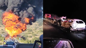 Rear-ended tanker carrying 8,600 gallons of gas bursts into flames near Payson, FD says