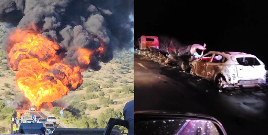 Rear-ended tanker carrying 8,600 gallons of gas bursts into flames near Payson, FD says