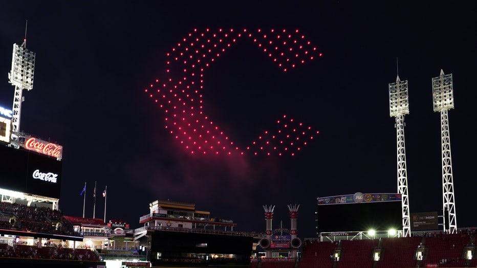A general view of a drone display after the game between the New York Yankees and the Cincinnati Reds at Great American Ball Park on May 19, 2023 in Cincinnati, Ohio. (Photo by Dylan Buell/Getty Images)