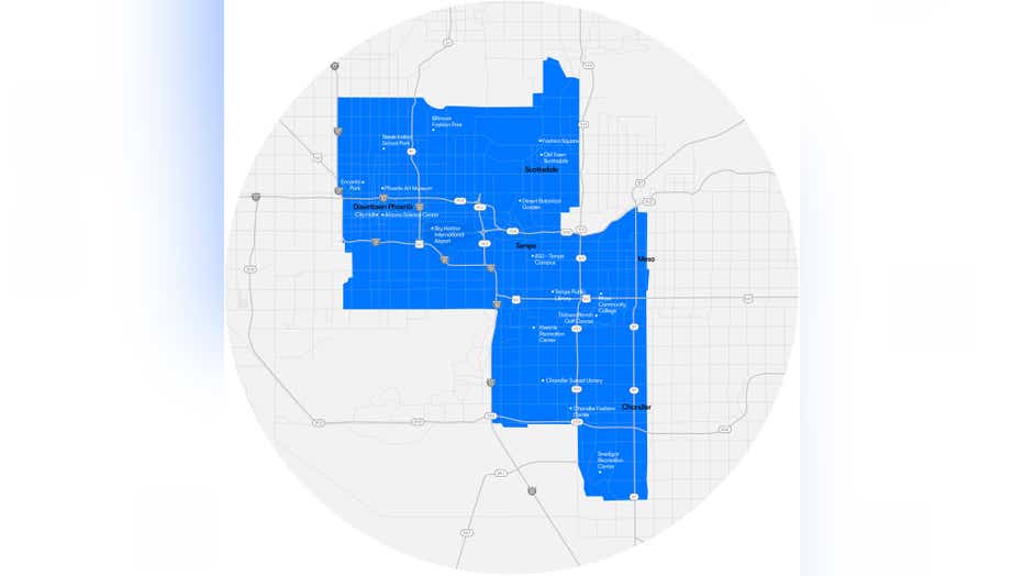 Map of Waymo's expanded area of service.