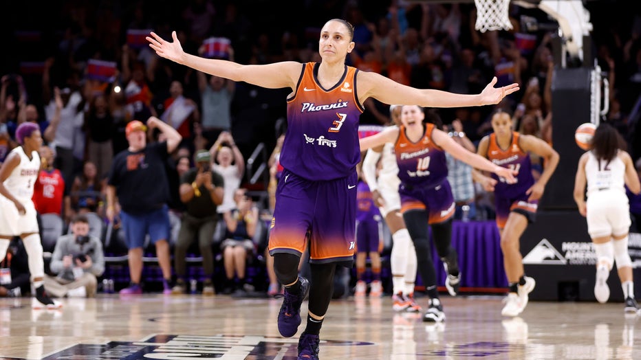 Diana Taurasi of the Phoenix Mercury reacts after scoring her 10,000th career point during the second half against the Atlanta Dream at Footprint Center on August 03, 2023 in Phoenix, Arizona. (Photo by Chris Coduto/Getty Images)