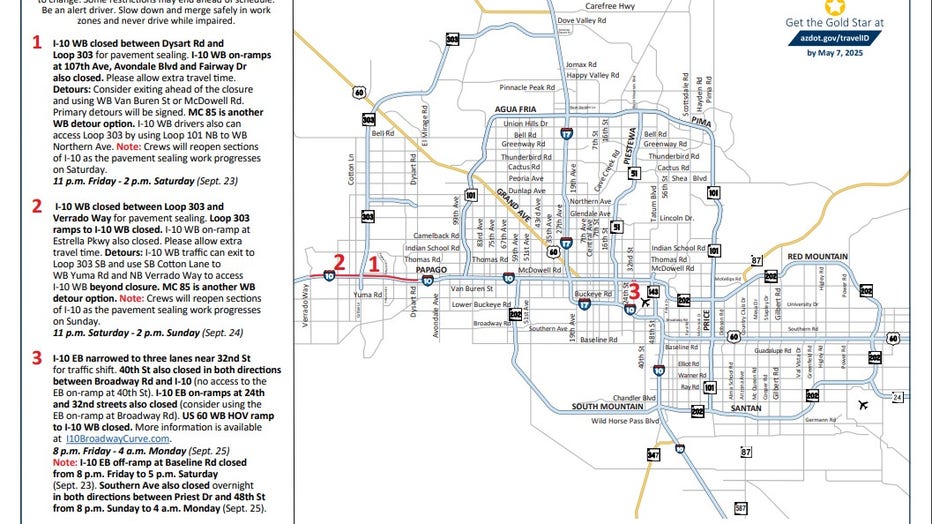 Phoenix Area Freeway Closures Restrictions This Weekend Sept 22 24   WeekendFreewayTravelAdvisoryMap09220925 