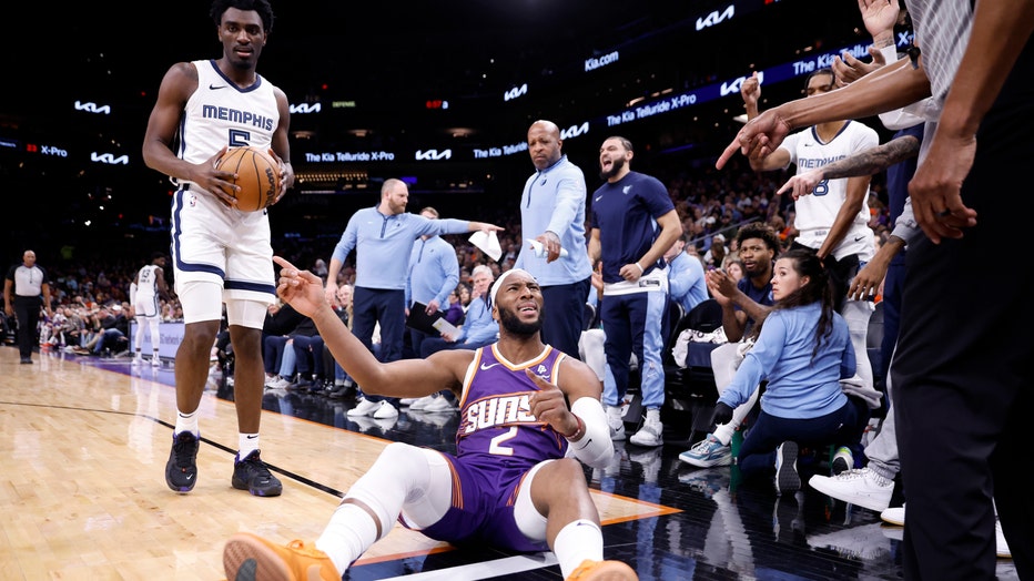 Josh Okogie #2 of the Phoenix Suns reacts after being called out of bounds during the first half against the Memphis Grizzlies at Footprint Center on January 07, 2024 in Phoenix, Arizona. (Photo by Chris Coduto/Getty Images)