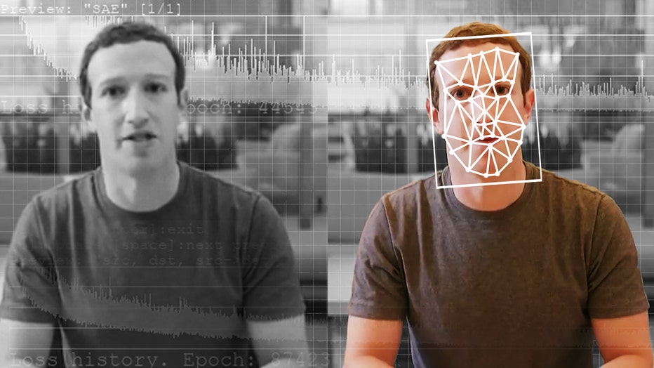 A comparison of an original and deepfake video of Facebook CEO Mark Zuckerberg. (Elyse Samuels/The Washington Post via Getty Images)