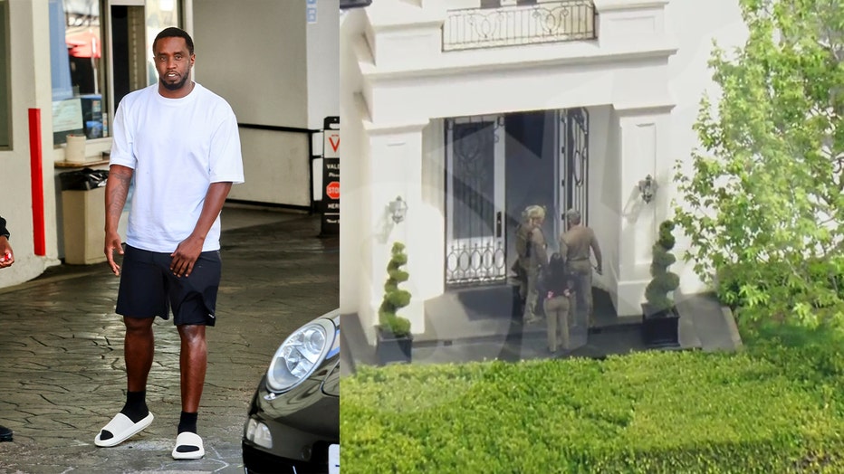 A photo of Diddy that was taken in 2023 (left) and a photo taken from one of the properties that officials served a search warrant at. ([Left] Photo by MEGA/GC Images [Right] FOX 11)