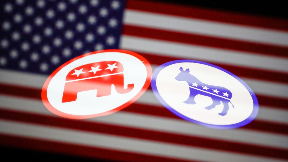 Republican and Democratic parties logos (Photo by Jakub Porzycki/NurPhoto via Getty Images)